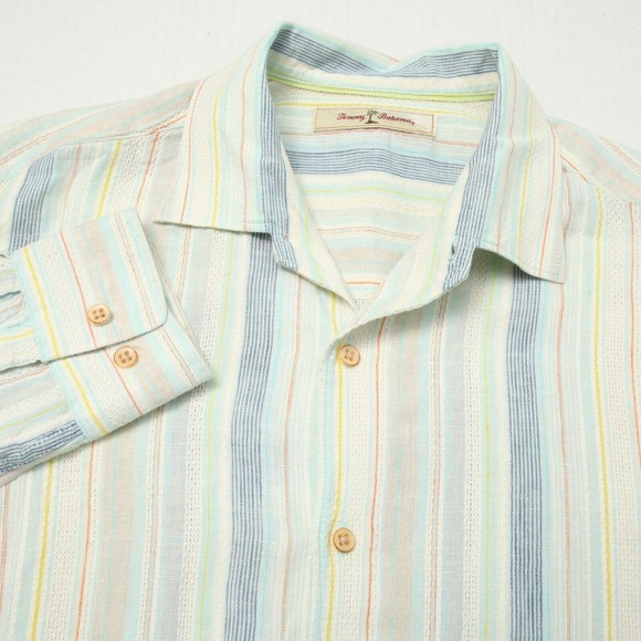 Tommy Bahama Other - Tommy Bahama Shirt Men Medium Blue Green Striped Linen Blend Long Sleeves